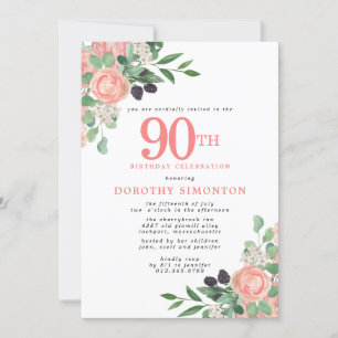 Rosa ros och vit Blommigt 90:e födelsedag Inbjudningar