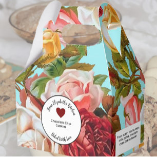Rosa ros om blåa bakade gåvor med ingredienser presentaskar