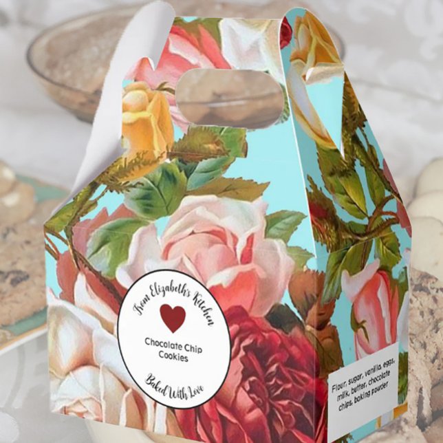 Rosa ros om blåa bakade gåvor med ingredienser presentaskar (Skapare uppladdad)