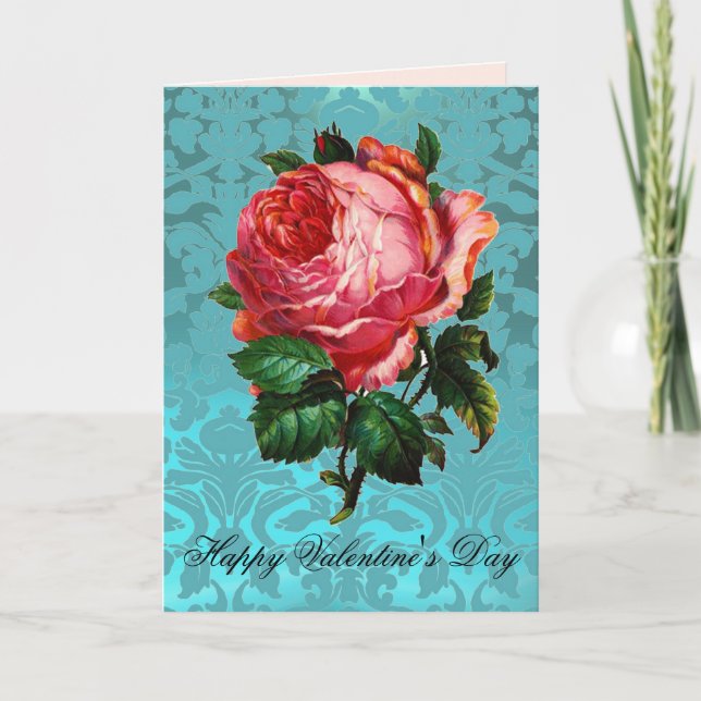 ROSA ROS PÅ AQUA BLUE DAMASK Valentindagen Helgkort (Framsida)