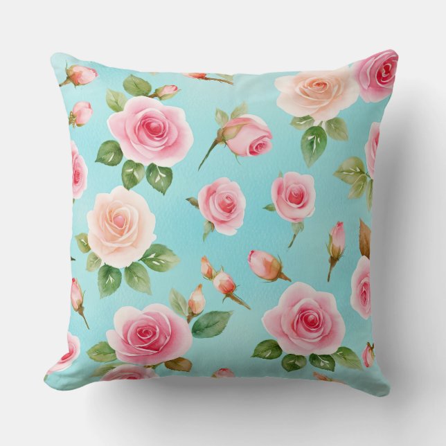 Rosa ros på blå bakgrund kudde (Framsida)