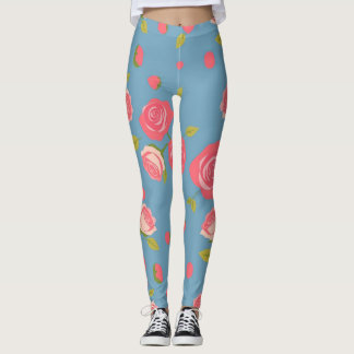 Rosa ros på blå bakgrund leggings