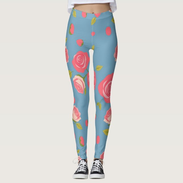 Rosa ros på blå bakgrund leggings (Framsida)