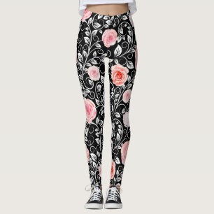 Rosa ros på Black Leggings