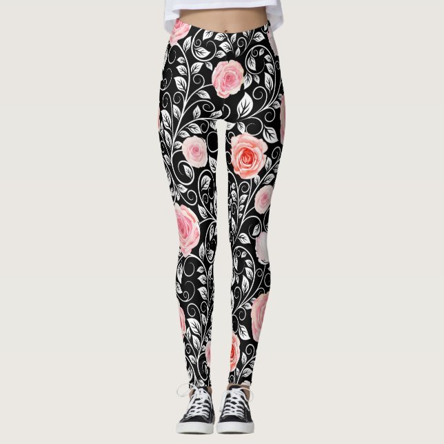 Rosa ros på Black Leggings (Framsida)