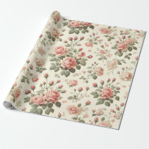 Rosa ros på Cream Vintage Wrapping Papper Roll