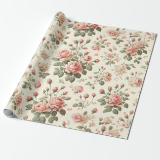 Rosa ros på Cream Vintage Wrapping Papper Roll Presentpapper