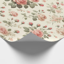 Rosa ros på Cream Vintage Wrapping Papper Roll
