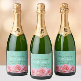 Rosa ros på etiketten Glitzy Aqua Champagne