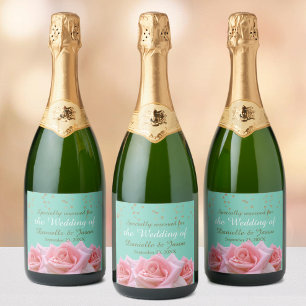 Rosa ros på etiketten Glitzy Aqua Champagne