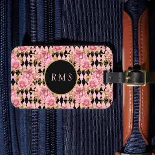 Rosa ros på Harlequin Monogram Bagagebricka