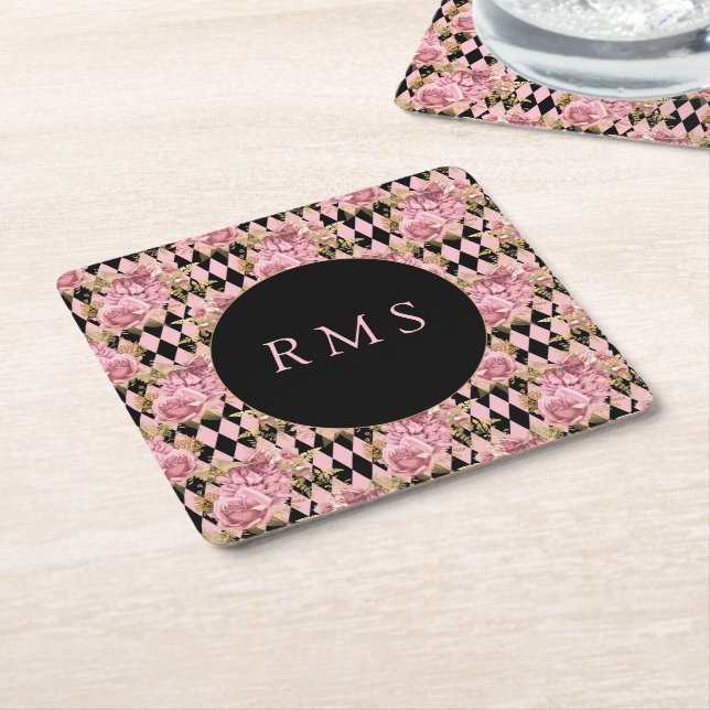 Rosa ros på Harlequin Monogram Underlägg Papper Kvadrat (Vinklad)