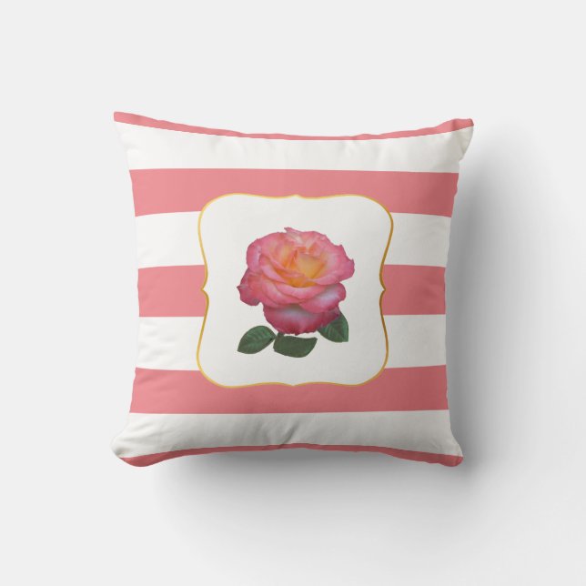 Rosa ros på Rosa och vitstripe Kudde (Framsida)