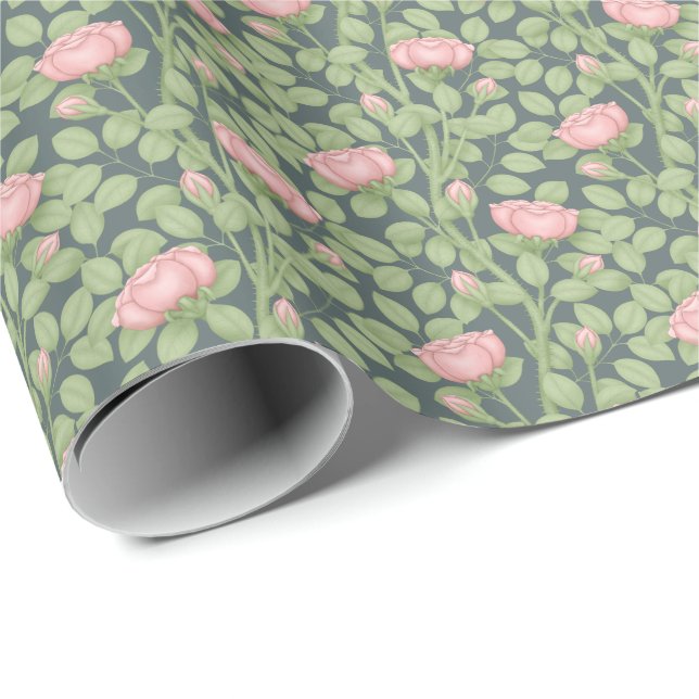 Rosa ros på skifferblått presentpapper (Rullad Hörn)