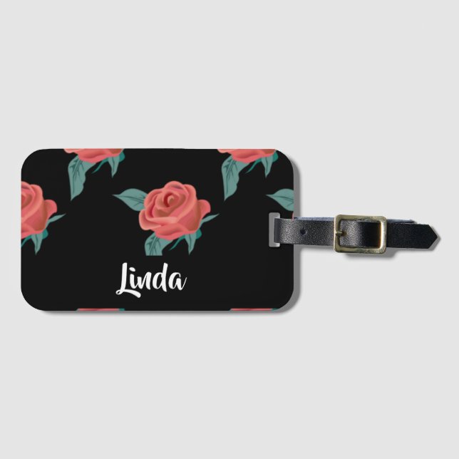 Rosa ros på svart bagagebricka (Framsida horisontal)