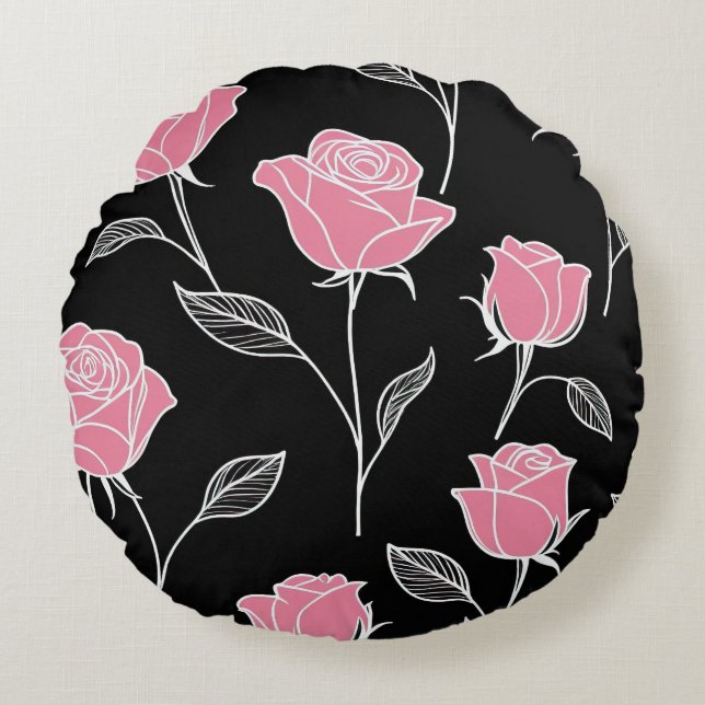 Rosa ros på svart rund kudde (Framsidan)