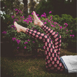Rosa ros på Svarta Blommönstret Leggings
