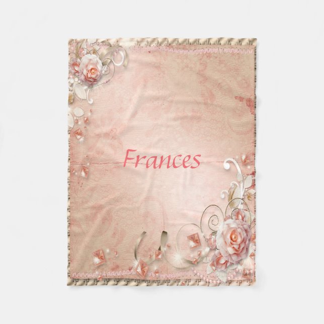 Rosa ros, pärlor och grammofoner fleecefilt (Framsidan)