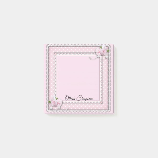Rosa ros, pärlor och Snöre efter IT-anteckningar Post-it Block (Framsida)