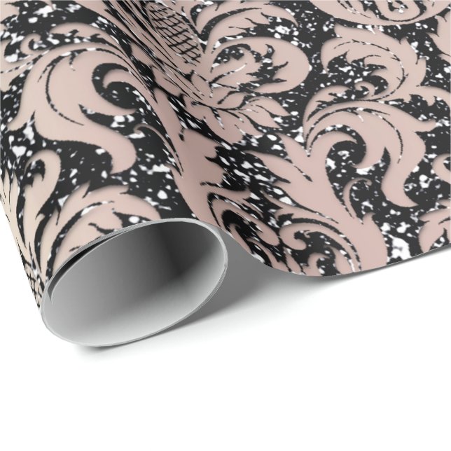 Rosa ros Parly Metallic Black Damask Glitter Presentpapper (Rullad Hörn)