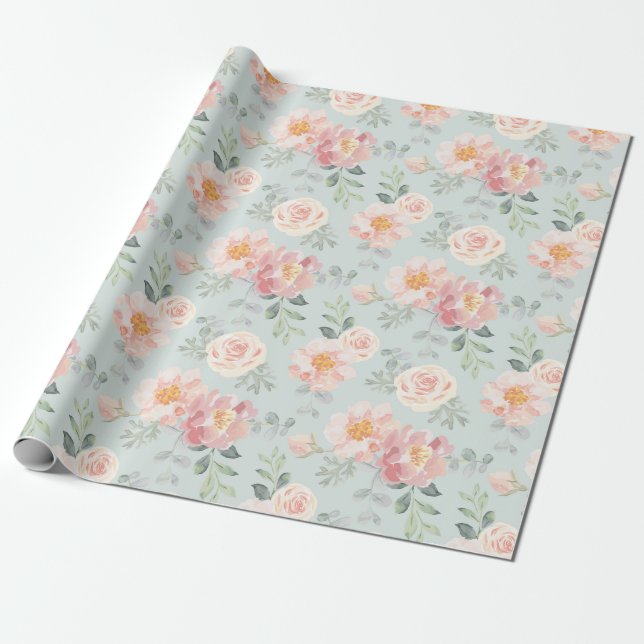 Rosa ros Pastel Garden Mönster Presentpapper (Utrullad)