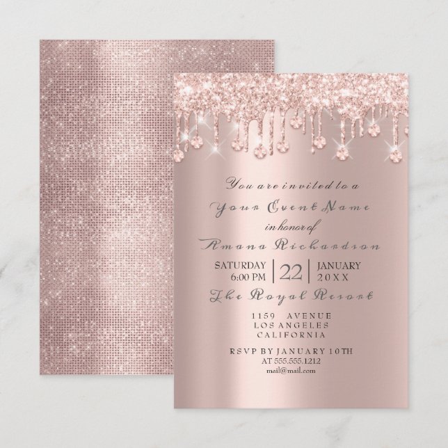 Rosa ros Pastel Powder Spark Glitter Drift Crystal Inbjudningar (Fram/baksida)