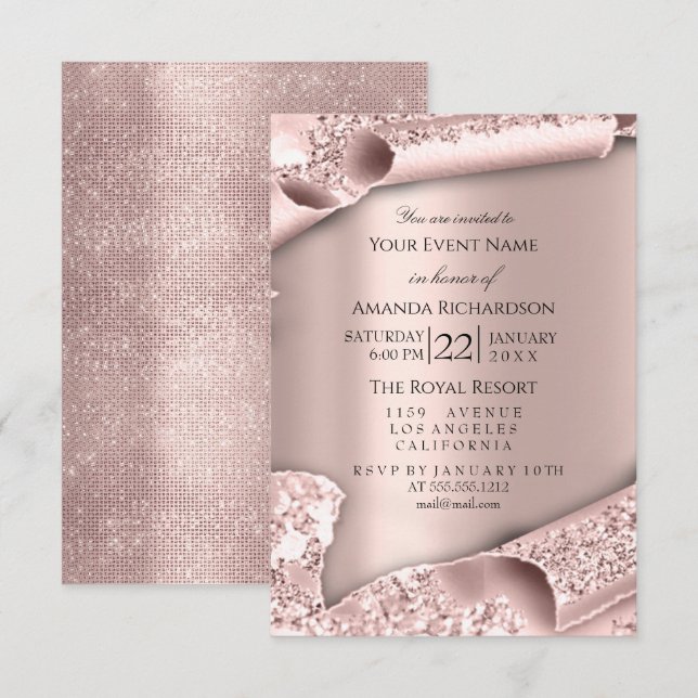 Rosa Ros Pastell Puder Gnistrande Glitter Ros PINK Inbjudningar (Fram/baksida)