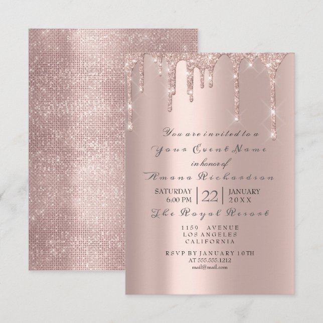 Rosa Ros Pastell Puder Gnistrande Glitterdroppar G Inbjudningar (Fram/baksida)