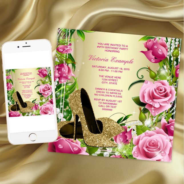 Rosa ros Pearl Guld High Heel Shoe Födelsedagsfest Inbjudningar (Womans gold high heel shoes birthday party invitation. Any number or event. Download and printed.)