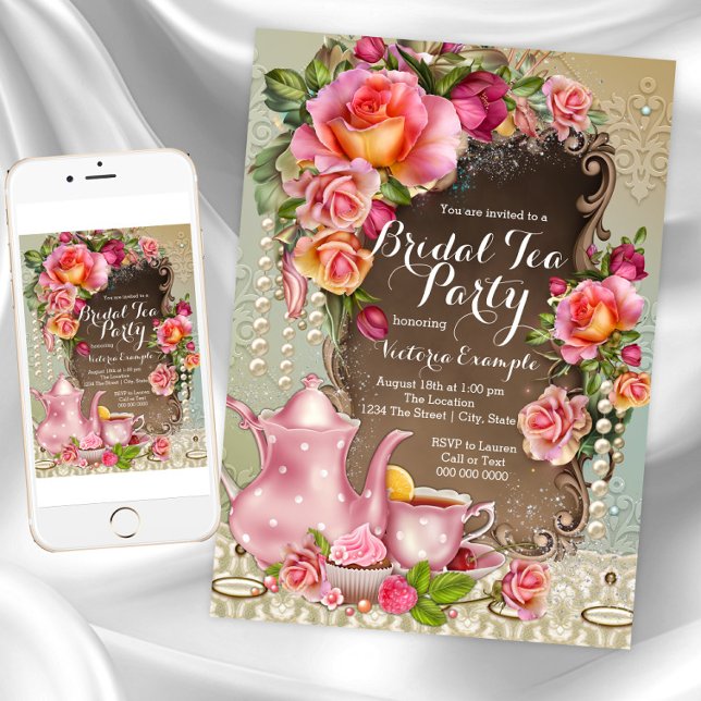Rosa ros Pearl Möhippa Tea Party Inbjudningar (Beautiful Bridal Tea Party Invitation. Instant download and printed invitations available.)