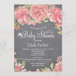 rosa ros-peonies chalkboard babydusch inbjudningar