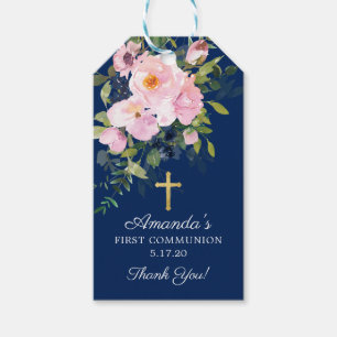 Rosa ros & Peonies First Communion Favor Presentetikett
