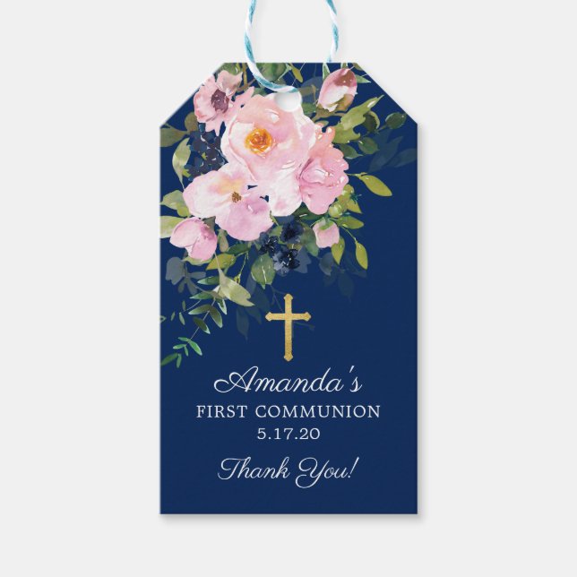  Rosa ros & Peonies First Communion Favor Presentetikett (Framsidan)
