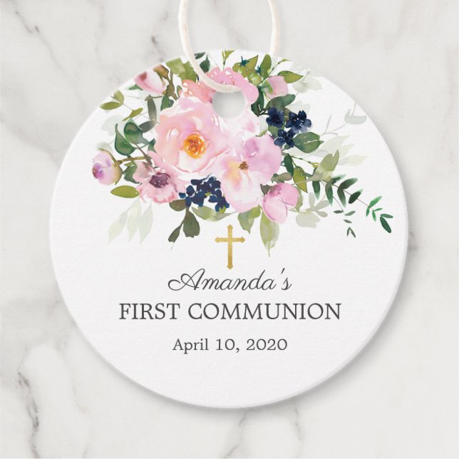  Rosa ros & Peonies Första Heligan Kommunision Gåvor Etiketter (Framsida)