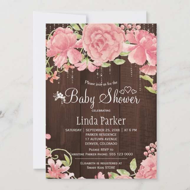  rosa ros peonies twinkle ljus babydusch inbjudningar (Framsida)