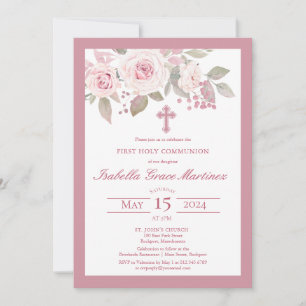 Rosa ros Peony Blommigt First Heliga Communion Inbjudningar
