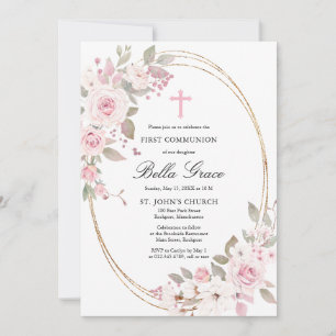 Rosa ros Peony Blommigt First Heliga Communion Inbjudningar