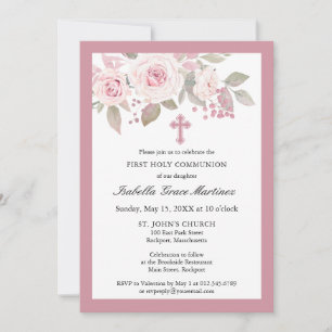 Rosa ros Peony Blommigt First Heliga Communion Inbjudningar