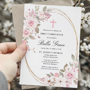 Rosa ros Peony Blommigt First Heliga Communion Inbjudningar