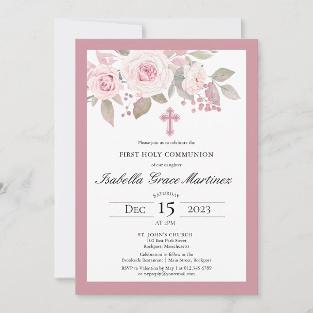Rosa ros Peony Blommigt First Heliga Communion Inbjudningar (Framsida)