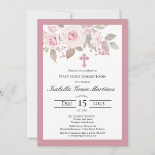 Rosa ros Peony Blommigt First Heliga Communion Inbjudningar
