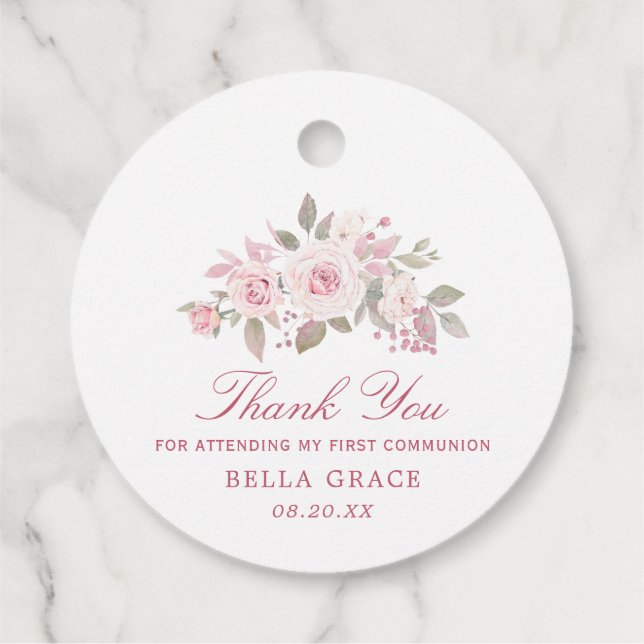 Rosa ros Peony First Communion Tack Gåvor Etiketter (Baksida)