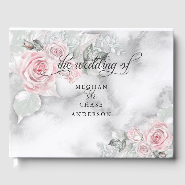 Rosa ros Pewter Watercolor BarefootBride™ Gästböcker (Framsida)