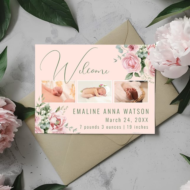 Rosa ros Photo Flicka annons vykort (Baby Girl photo watercolor floral baby girl birth announcement)