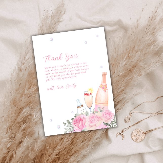 Rosa ros Poppin Champagne Flaskor Baby Shower Tack Kort (Pink Rose Poppin Champagne Bottles Baby Shower Thank You Card)
