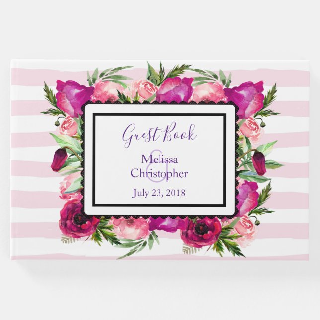 Rosa ros & Poppy Blommigt Bouquet Bröllop Gästböcker (Framsida)