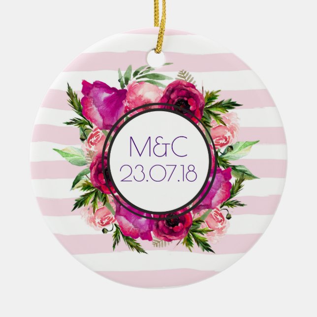 Rosa ros & Poppy Blommigt Bouquet Bröllop Julgransprydnad Keramik (Framsidan)