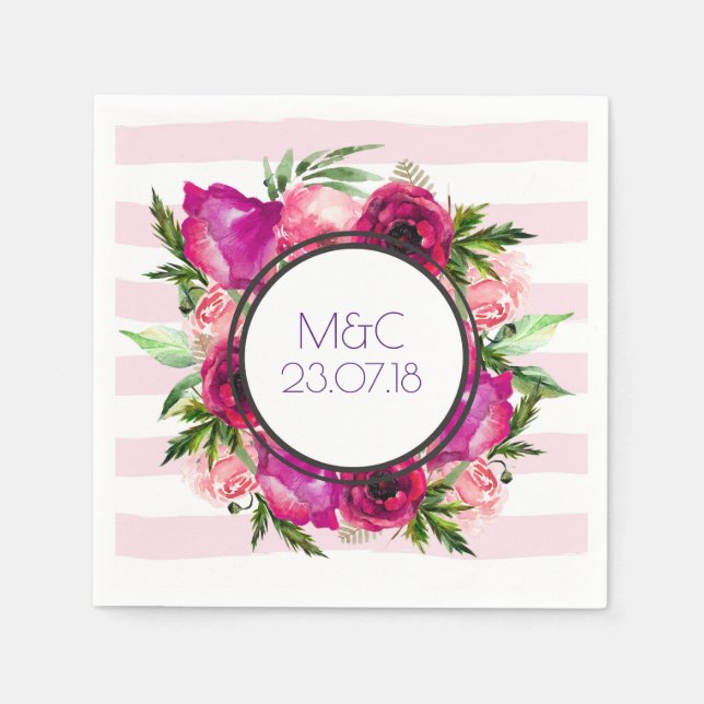 Rosa ros & Poppy Blommigt Bouquet Bröllop Pappersservett (Framsidan)