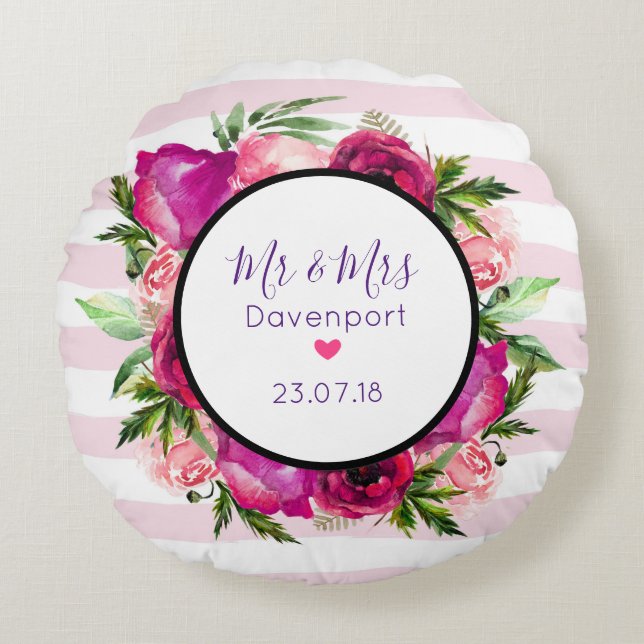 Rosa ros & Poppy Blommigt Bouquet & Bröllop Rund Kudde (Framsidan)