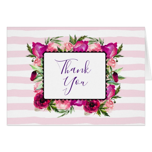 Rosa ros & Poppy Blommigt Bouquet Bröllop Tack Hälsningskort (Framsidan Horizontal)